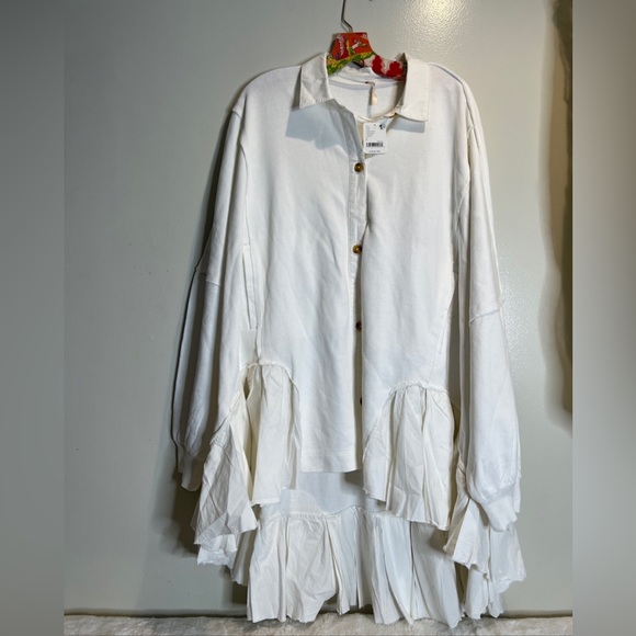 Free People Buttondown Sweatshirt Oversized Slouchy Ruffle Hem Cotton - Picture 4 of 6